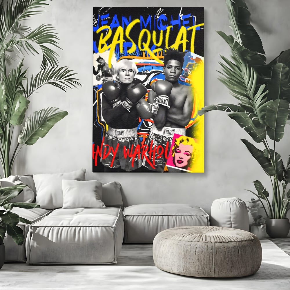 Tablou canvas cu tablou canvas cu andy warhol si basquiat, fara rama, pe sasiu de lemn, pe perete intr-un living